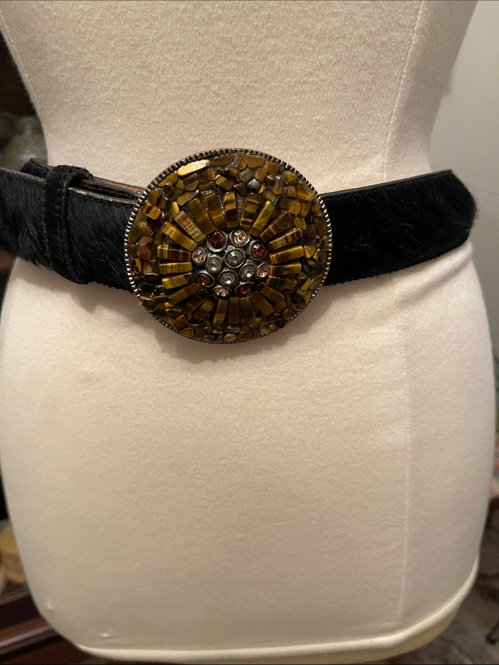 Leatherock Black Haircalf Belt with Amber Mosaic Round Buckle